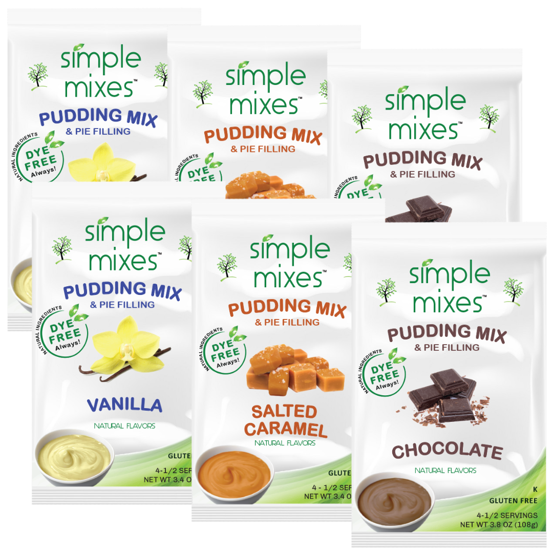Simple Mixes Natural Dye-Free, Gluten-Free Pudding Mix - Variety - Chocolate, Vanilla & Salted Caramel, 6 Pack