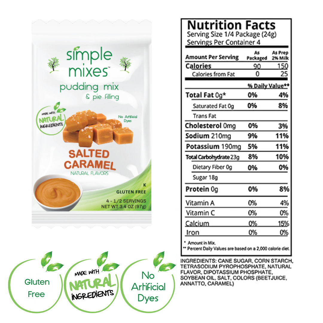 Simple Mixes Natural Instant Pudding Mix, Healthy Snack, Salted Caramel, Dye-Free, Fat-Free, Gluten-Free, Kosher, 3 Pack