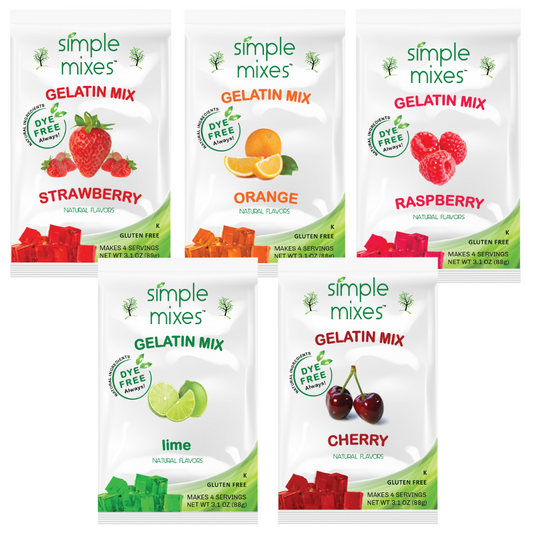 Simple Mixes Natural Dye-Free, Gluten-Free Gelatin Mix - Variety - Strawberry, Raspberry, Orange, Lime & Cherry, 5 Pack
