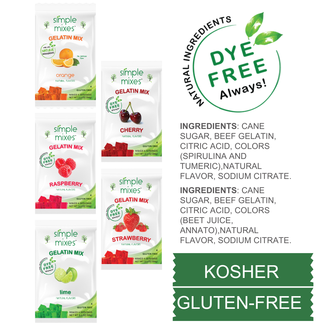 Simple Mixes Natural Dye-Free, Gluten-Free Gelatin Mix - Variety - Strawberry, Raspberry, Orange, Lime & Cherry, 5 Pack